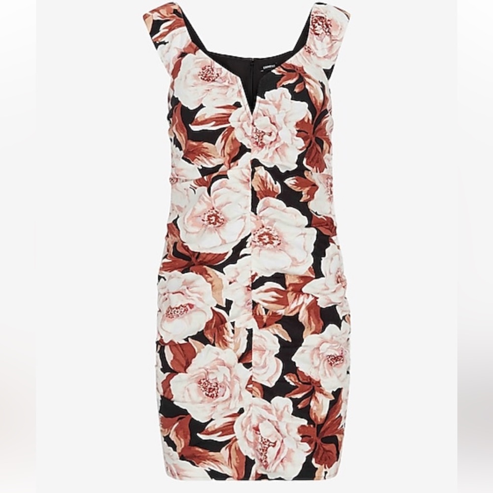 Express floral print linen-blend ruched mini dress.